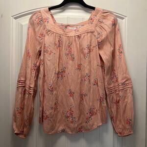 Lauren Conrad Women’s Floral Check Square Neck Peasant Top Blouse‎ Size S Pink